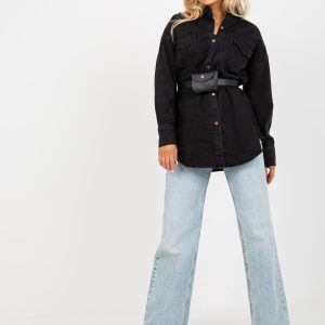 Didmenininkas Juodos spalvos moteriški džinsiniai marškiniai su diržu ir paketėliu