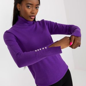 Didmenininkas Tamsiai violetinis megztinis su golfo apykakle ir aplikacija ant rankovių