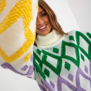 Didmenininkas Ecru negabaritinis megztinis su spalvingais raštais