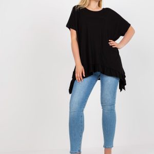 Black viscose plus size blouse with flounce