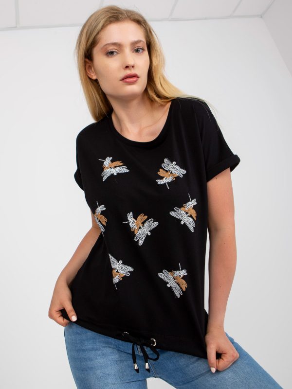 Black Plus Size Cotton T-Shirt with Applique