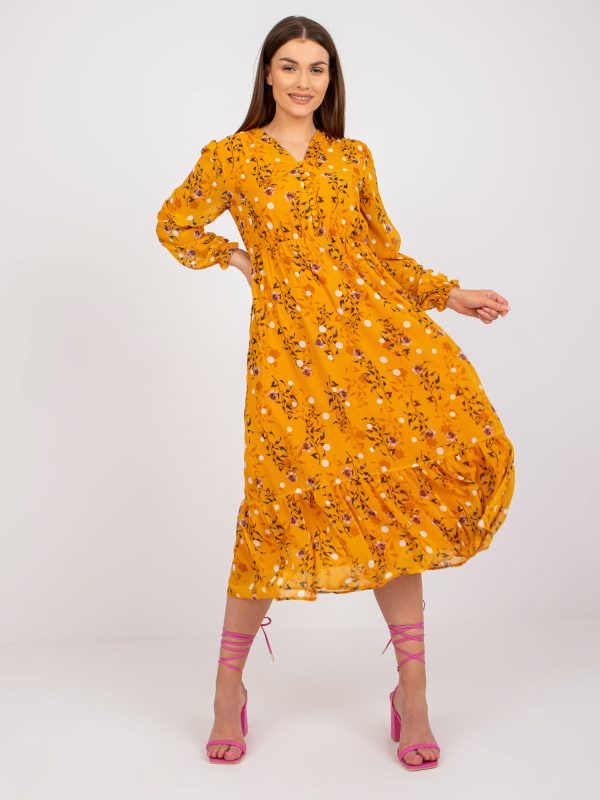 Dark yellow midi dress with prints and ruffles RUE PARIS