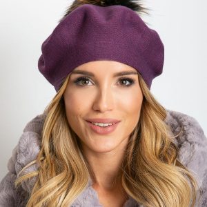 Purple knitted beret with pompom