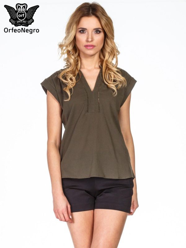 Khaki shirt blouse with openwork along the neckline