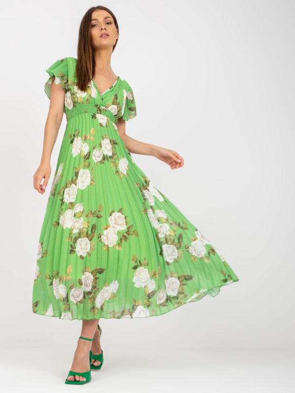 Light Green Pleated Midi Dress with Floral Print