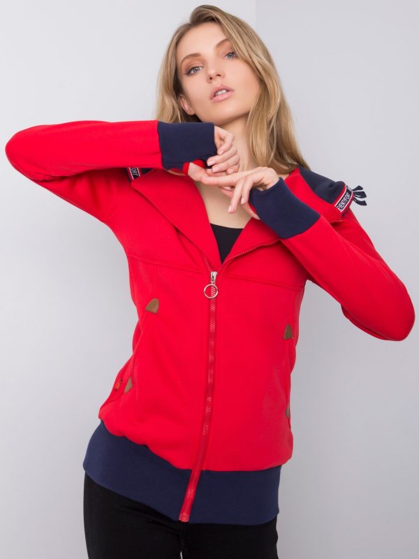 Red long sweatshirt with buttons on the hood