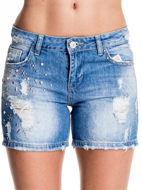 Blue denim shorts with rhinestones