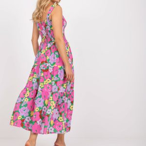 Green and purple long dress with floral patterns with ruffle RUE PARIS