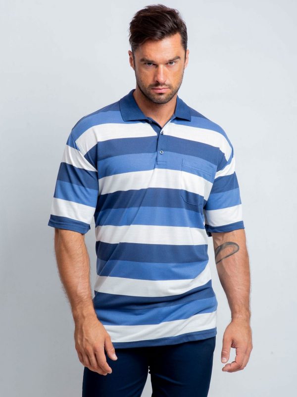 Blue and White Men's Plus Size Turnover Polo Shirt