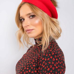 Red knitted beret with pompom