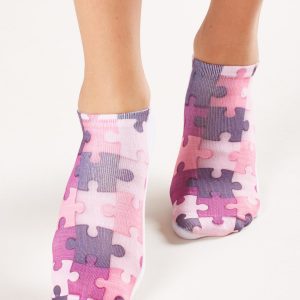 Women's Short Socks with Jigsaw Puzzle Print