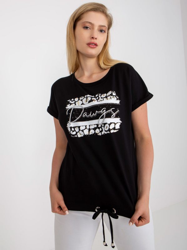 Black plus size t-shirt with print and applique