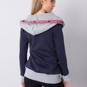 Navy blue long sweatshirt with buttons on the hood