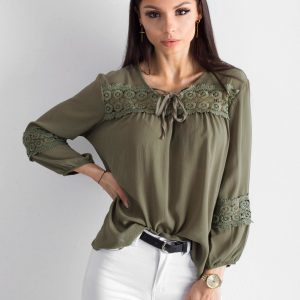 Khaki airy blouse with lace