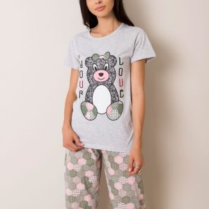 Grey and pink women's pajamas with teddy bear