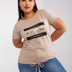 Beige plus size t-shirt with applique with rhinestones