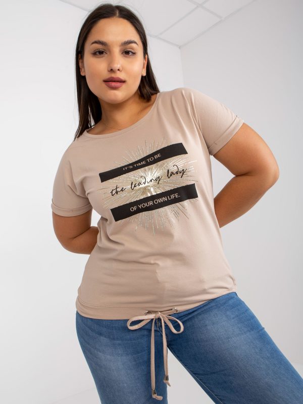 Beige plus size t-shirt with applique with rhinestones