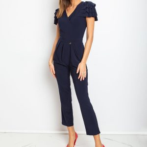 Elegant V-neck jumpsuit with ruffles on the shoulders navy blue