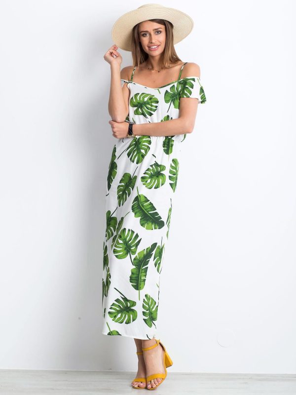 White and green Monstera dress