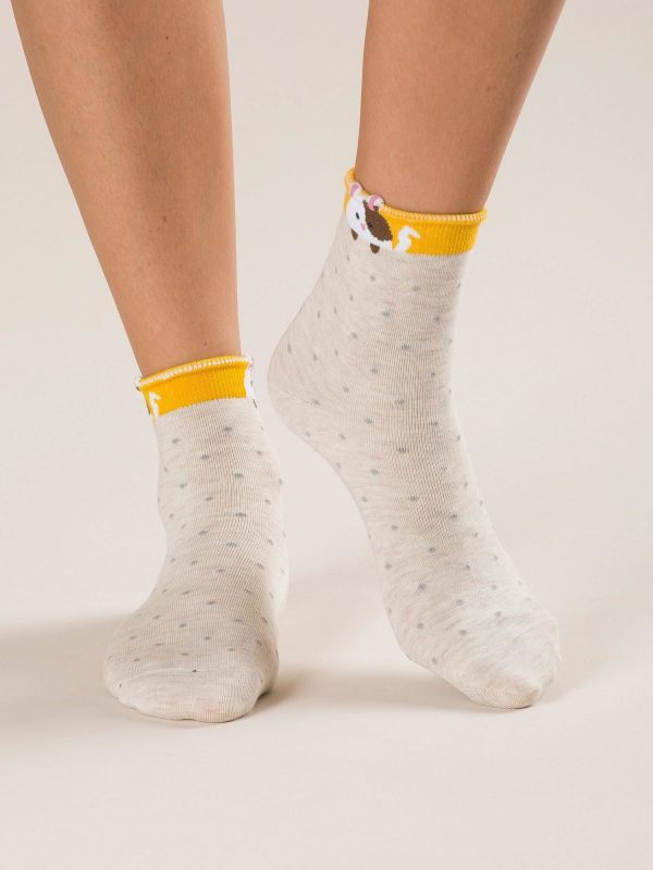 Beige polka dot socks with print