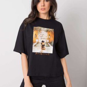 Black T-shirt for women with Morris print