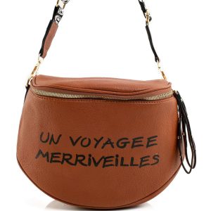 Light brown handbag with inscription