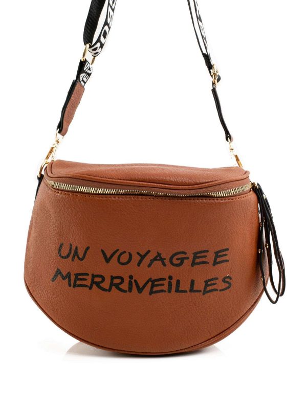 Light brown handbag with inscription