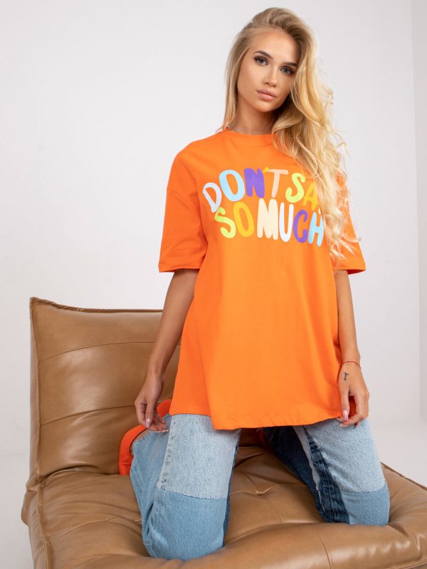 Orange cotton t-shirt with print and round neckline