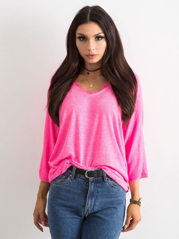Fluo pink blouse with lace at the neckline