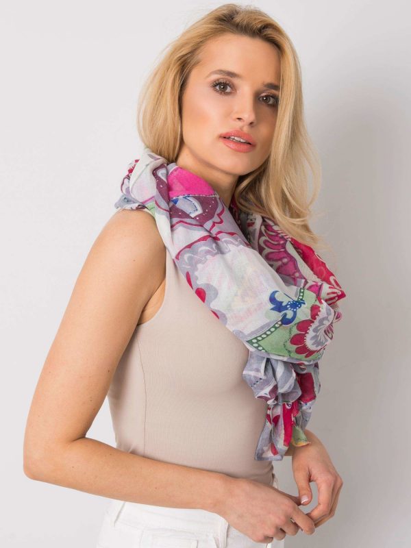 Grey-fuchsia scarf with colorful patterns