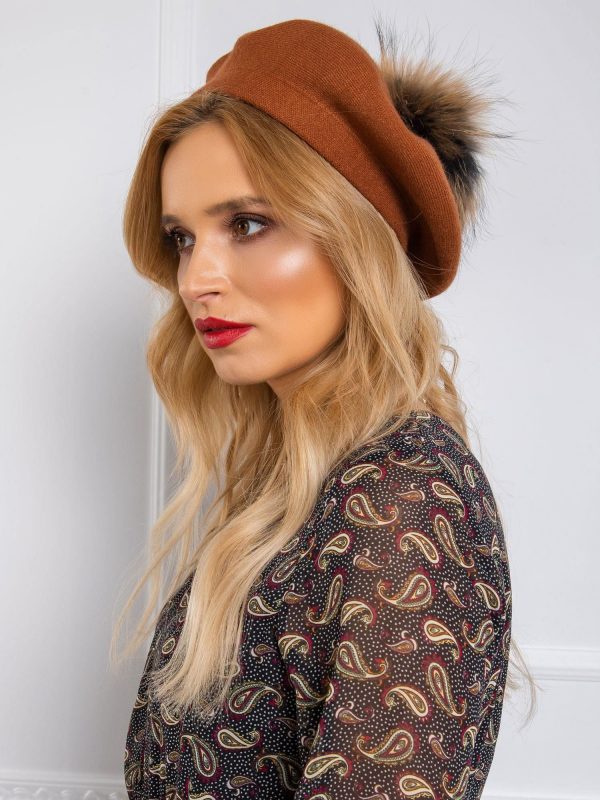 Light brown knitted beret with pompom