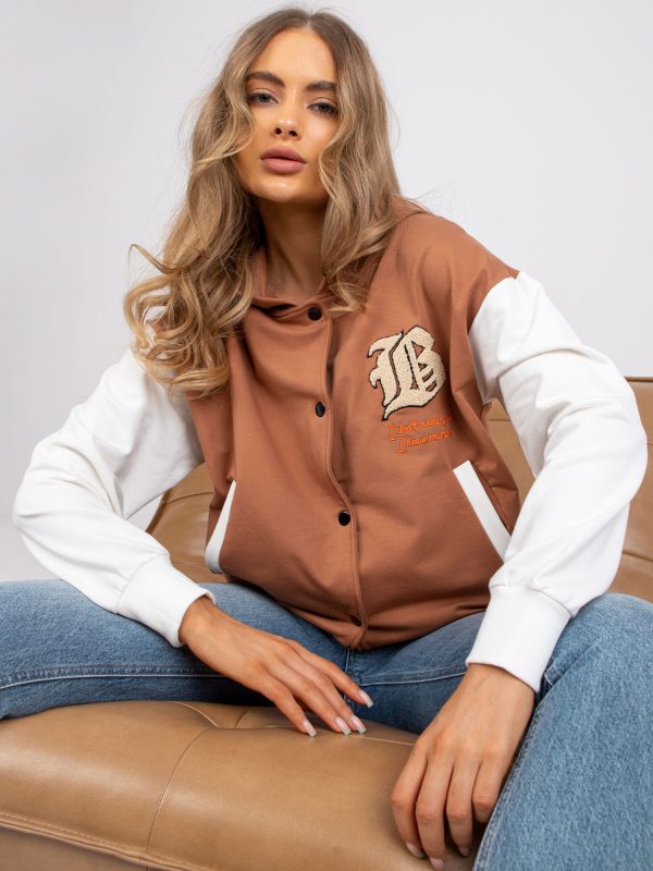 Light brown baseball sweatshirt with hoodie and pockets