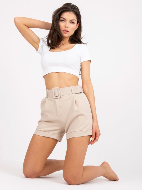 Beige elegant women's shorts with pockets