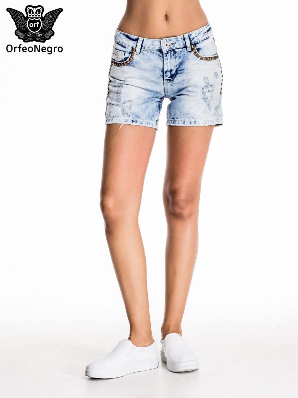 Blue denim shorts with rhinestones