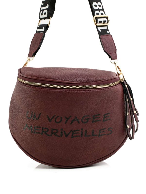 Burgundy handbag with inscription