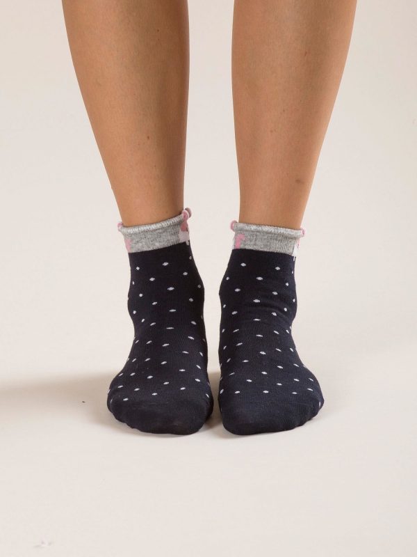 Navy blue polka dot socks with print