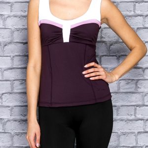 Dark purple sports top with ruched neckline