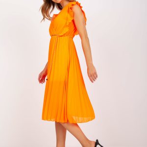 Fluo orange airy midi dress with pleating