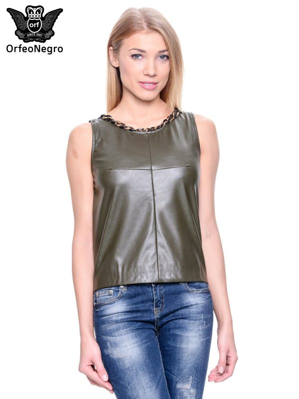 Khaki leather blouse with chain at the neckline