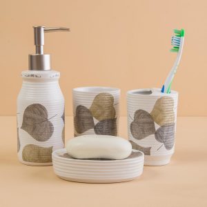 White Bathroom Accessories with Plant Motif