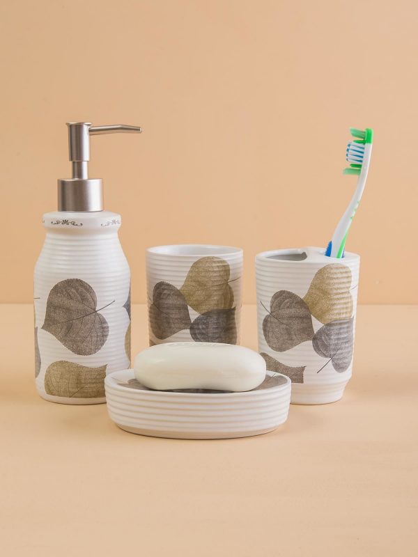 White Bathroom Accessories with Plant Motif