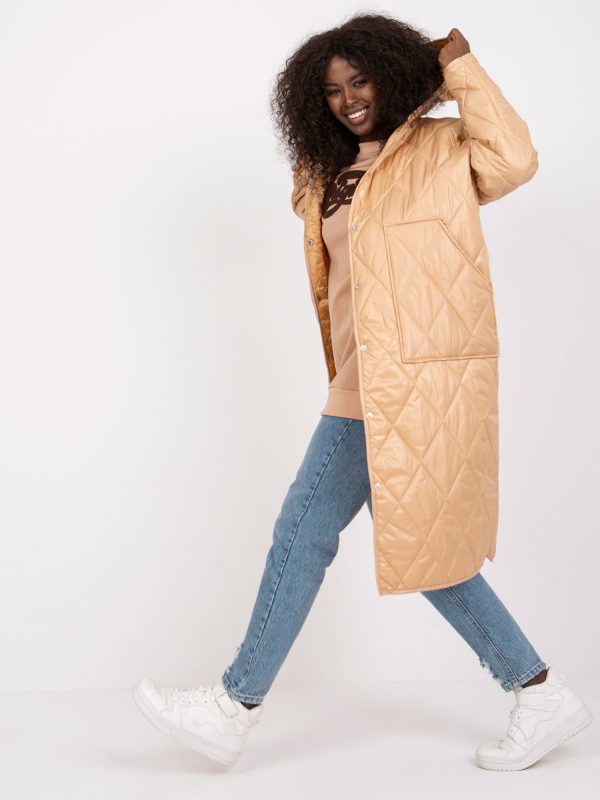 Beige long quilted jacket with hood Maule RUE PARIS