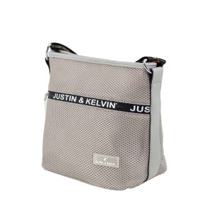 Grey shoulder bag with colorful strap