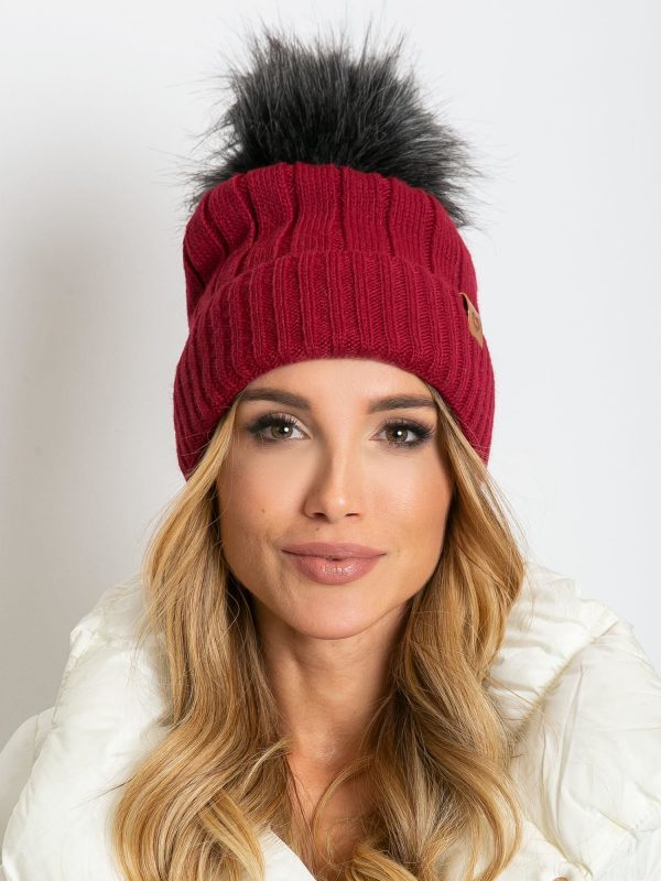 Burgundy winter hat with pompom