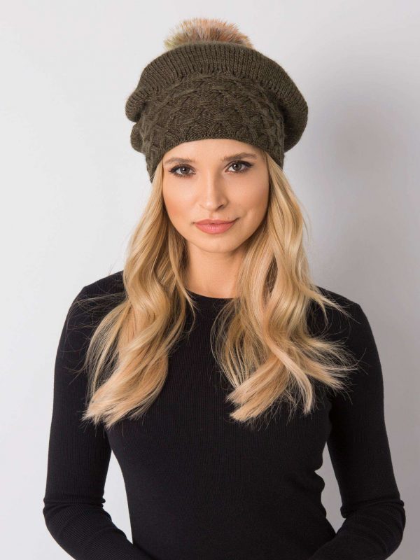 Khaki beret with pompom