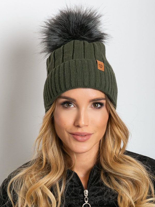 Khaki winter hat with tassel