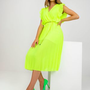 Fluo Yellow Pleated Viscose Midi Dress