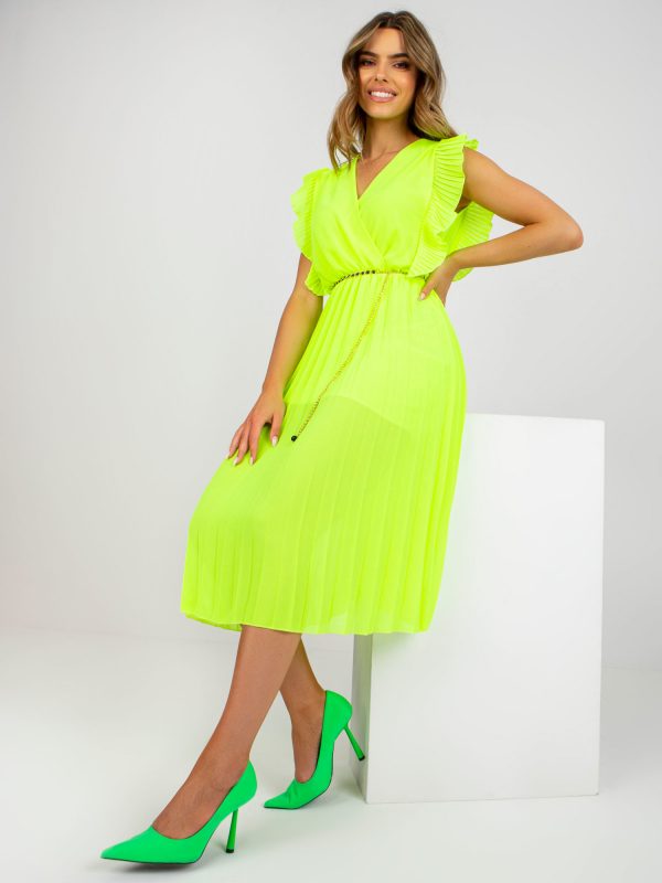 Fluo Yellow Pleated Viscose Midi Dress