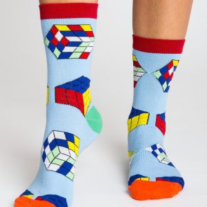 Blue women's socks with colorful patterns