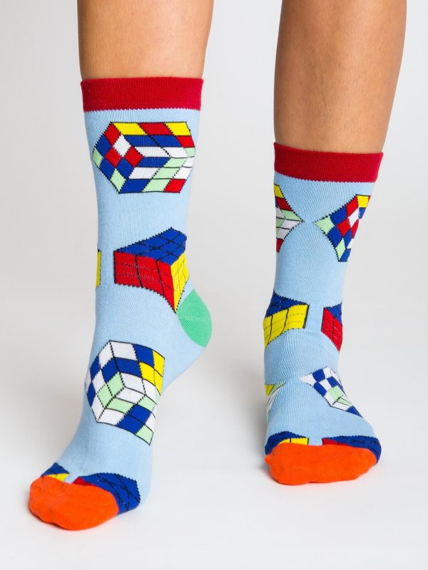 Blue women's socks with colorful patterns